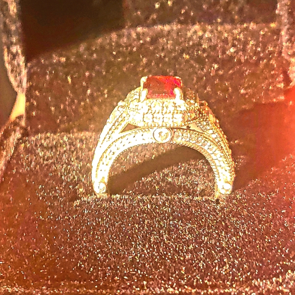 Pave diamond white gold ring with garnet center stone by Christopher Designs